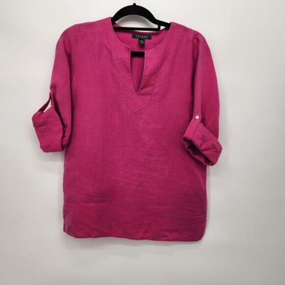 Lauren Ralph Lauren Hot Pink 100% Linen Long Roll Tab Sleeve Blouse Women's S - Picture 1 of 9